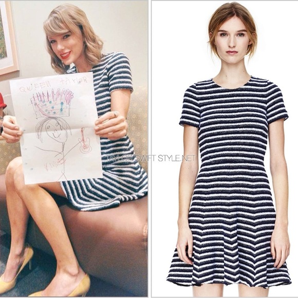 Theory Albita Guarda Taylor Swift Navy White Stripe Fit Flare Boucle Dress EUC 6 - Picture 1 of 11